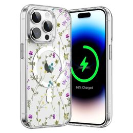 For iPhone 15 Pro Max Flower Magnetic Case Compatible with MagSafe Floral Pattern Clear Slim Thin Cover Girls Women