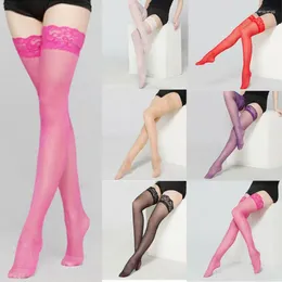 Women Socks Elastic Knee High Black Red Thigh Stockings Sheer Hollow Lace Top