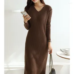 Casual Dresses Women Knitted Female Fashion Midi Length Bodycon Ladies Solid Color V-neck High Street Vestidos G220