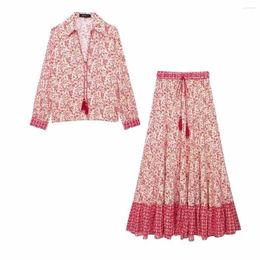 Work Dresses European And American Style 2024 Spring Women's Floral Print Long Sleeved Shirt High Waisted Skirt