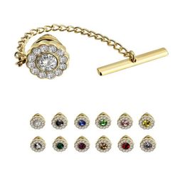 whole New Arrive Mens Flowers Tie Tack with Chain 12 Colors Crystal Shirt Jewelry Fashion Tie Pin Wedding Gifts 336z1276280
