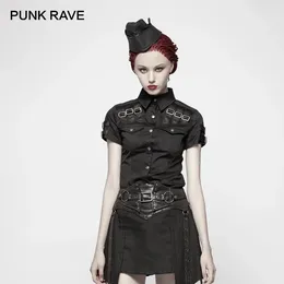 Women's Blouses PUNK RAVE Style Military Woman Short Sleeve Shirts Slim Pocket Steampunk Black Cotton Blouse Handsome Women Tops