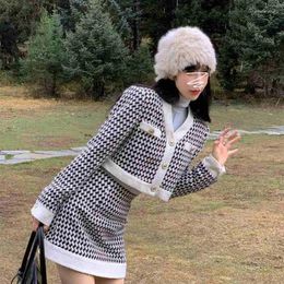 Work Dresses Fashionable Black White Chequered Two-piece Suits Girl V-neck Short Long Sleeve Jacket Top Patchwork High Waisted Slim Skirt