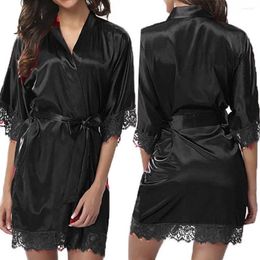 Home Clothing Women Bathrobe Belt Cardigan Black Lace Nightdress Lady Pyjamas Spring Ice Silk Robes Sleepwear Nightgowns