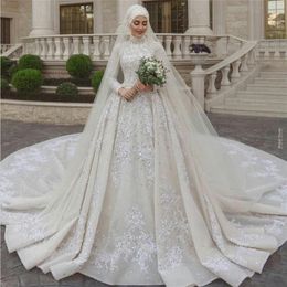 Luxury Muslim Wedding Dresses High Neck Lace Long Sleeves Sequins Beads Appliqued Wedding Dress With Veil Custom Made Vestidos De Novia 318q