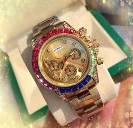 Couple Hip Hop Iced Out Men Designer Watch Day Date Time Quartz Battery Movement Colorful Diamonds Ring Stainless Steel Band Clock European Top brand Watches Gifts