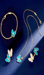 Europe America Fashion Jewellery Sets Lady Women Brass Settings Diamond Turquoise 18K Gold Two Butterfly Ring Earrings Bracelet Neck6619159