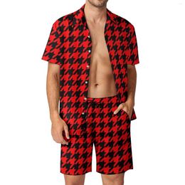 Men's Tracksuits Houndstooth Men Sets Red And Black Fashion Casual Shirt Set Short Sleeves Pattern Shorts Summer Fitness Outdoor Suit Plus