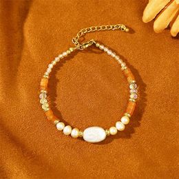 Charm Bracelets Fashion Jewellery Accessories Orange Crystal Natural Stone Pearl Bracelet Women High Quality Stainless Steel Cuff