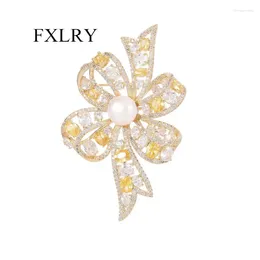 Brooches FXLRY High Quality Cubic Zircon Pearl Bow Coat Corsage High-grade Brooch For Women Fashion Jewellery