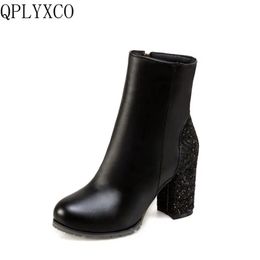QPLYXCO New Sale Russians warm ankle Boots Big &small Size 31-50 Women short Boots Bling zipper High Heels wedding shoes T3-2