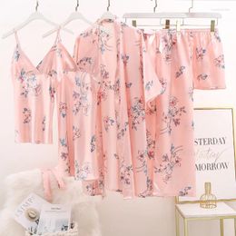 Women's Sleepwear Spring Autumn Pink Pajama Sets Lady Sweet Flower Print Home Wear Sexy V-Neck Strap Top&Pant Satin Nightwear