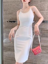 Casual Dresses Summer Sexy For Women 2024 White Black Pearl Tank Backless Sleeveless Bodycon Dress Party Vestidos Mujer Feast Clothes