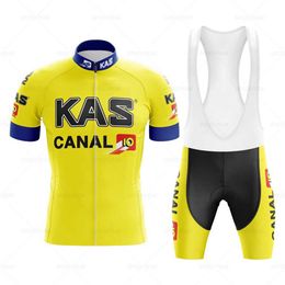 Fans Tops Tees KAS retro bicycle jersey set yellow classic mens summer blue short sleeved bib shorts Q240511
