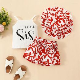 Clothing Sets Baby Girl Summer Outfits Letter Print Spaghetti Strap Sleeveless Tank Tops Floral Shorts With Belt Hat 3Pcs Set 3-24M
