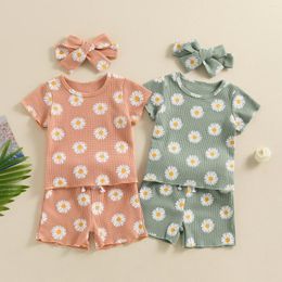 Clothing Sets Baby Girls Summer Waffle Outfits Floral Print Short Sleeve T-Shirt Tops Shorts Headband Set 3 Piece Sweety Clothes