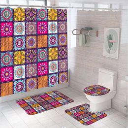 Shower Curtains 4Pc Bohemia Ethnic Style Bathroom Colorful Mandala Waterproof Curtain Set Non-Slip Bath Mat Rug Toilet Lid Cover