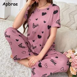 Home Clothing Summer Women Pajamas Set Heart Print Pijamas O-neck Sleepwear Fashion Short Sleeves Long Pants Female Causal Pyjamas