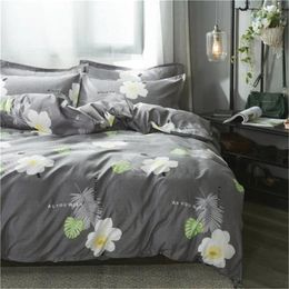 Bedding Sets 2024 Grey Flower Set 3/4pcs Pastoral Style Bed Linen Green Beclothes Flat Pillowcase Sheet Cover Side Duvet AB