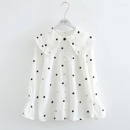 Women's Blouses Spring Women Sweet Polka Dot Embroidery Loose Shirt White Color Big Turn Down Collar Cotton And Linen Long Sleeve Blouse