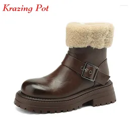 Boots Krazing Pot Cow Leather Natural Wool Fur Round Toe Winter Warm Snow Thick Med Heels Zipper Beauty Lady Leisure Ankle