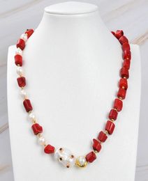 GuaiGuai Jewellery Red Coral White Pearl Necklace White Keshi Pearl Cz pave Pendant Handmade For Women Real Gems Stone Lady Fashion 3581217