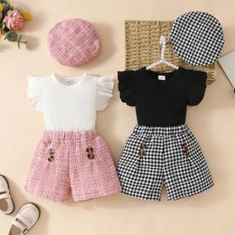 Clothing Sets Baby Girl Summer Outfits Ruffle Sleeve Ribbed Tops Plaid Shorts Hat Set Toddler 3Pcs Clothes 6M-3Y