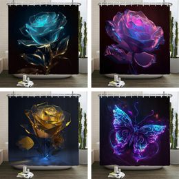 Shower Curtains Watercolor Rose Flower Butterfly Curtain Waterproof Polyester Fabric Home Bathroom Decoration Accessories Bathtud