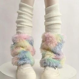 Women Socks Women's Adults Y2K Ribbed For Winter Autumn Fashion Colourful Fur Trim Knee High Stocking Boot Cuffs Cute