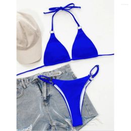 Women's Swimwear Blue Micro Bikinis Set Halter Lace Up O-ring Swimsuit 2 Piece Triangle Bikini Thong Adjust Women Y2K Beach Bathing Suit