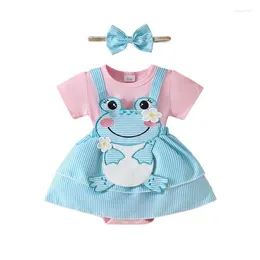 Clothing Sets Summer Baby Girl Clothes 0-18 Months Cute Frog Short Sleeve Romper Dress With Hairband 2Pcs Suits Infant Outfits