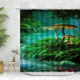 Shower Curtains Fantasy Forest Mushroom Curtain Set Enchanted Mysterious Landscape Home Bathroom Decor Flower Plant Hanging Green