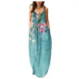 Casual Dresses Hip Hop Trendy Comfortable Summer Women Flowers 3D Print Sexy Loose Slip Pocket Dress Party Long Robe