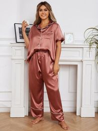Home Clothing Solid Silk Satin Women's Pyjamas Sets Short Sleeve Front Button Top & Elastic Waist Wide Leg Pants Female 2 Piececs Sleepwear
