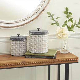 Storage Bottles 8"H Brown Metal Decorative Jars With Weave Inspired Pattern 2-Pieces