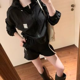 two piece set women designer cha two C leters Leather brand black vintage Tencel cotton hooded sun protection jacket and shorts set