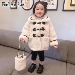 Down Coat Winter Girls Fur Jacket Baby Toddler Outwear Kids Warm Clothes Fashion Faux Pocket Horn Button Bag 2 To 7 Yrs