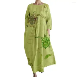 Casual Dresses Printed Summer Dress Colorful Maxi With Three Quarter Sleeves Round Neck Side Pockets For Vacation Wear