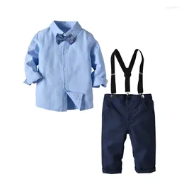Clothing Sets Children's Boy Long Sleeve Blue Shirt Bow Tie Strap Trousers Gentleman Outfit Four-Piece Suit