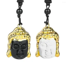 Pendant Necklaces Religion Buddhism Shakyamuni Buddha Bodhisattva Obsidian White Crystal Necklace Mascot Amulet Charm Choker Chain Jewellery