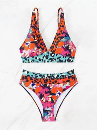 Women's Swimwear S - XL Sexy V Neck Flowers High Waist Bikini Female Swimsuit Women Two-pieces Set Bather Bathing Suit Swim K5358