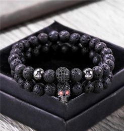 Beaded Strands 8mm Black Lava Stone Beads Bracelet Set Skull Men Bracelets For Women Jewellery Pulsera Hombre Armband Accessories3101234