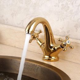 Bathroom Sink Faucets Free Ship Golden PVD Finish Two Cross Handles Single Hole Faucet Mixer Deck Mounted