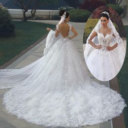 2021 Luxury Princess Ball Gown Wedding Dresses vestido de noiva de renda 3D Floral Lace Applique Royal Train Bridal Gowns Arabic Backle 259j