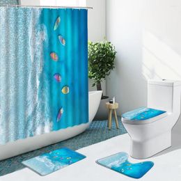 Shower Curtains 4Pcs Seascape Beach Curtain Sea Tropical Plant Coconut Tree Bathroom Set Non-Slip Rugs Bath Mat Toilet Cover Carpet Decor