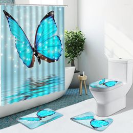 Shower Curtains Blue Butterfly Flower Curtain Floral Tropical Plant Bath Mat Non-Slip Flannel Rugs Toilet Cover Bathroom Home Decor Set