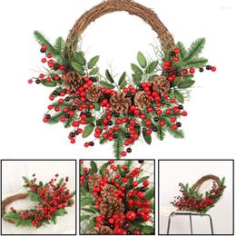 Decorative Flowers Christmas Natural Rattan Wreath Pine Branches Red Berries Cones For Supplies Diy Home Door Party Decorations