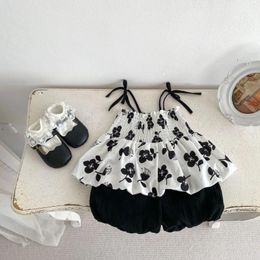 Clothing Sets 22119 Baby Set 2024 Summer Korean Flower Girl's Suit Suspender Top Bud Shorts Trend Girl Two-piece