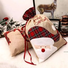 Bag Linen Gift Santa Christmas Sack Red Plaid Drawstring Tote Bags Festival Decoration 915 s