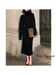 Casual Dresses 2024 Korean Autumn And Winter Women's Mid Length Fashion High Neck Woolen Dress Over Knee Style Versatile Knitted